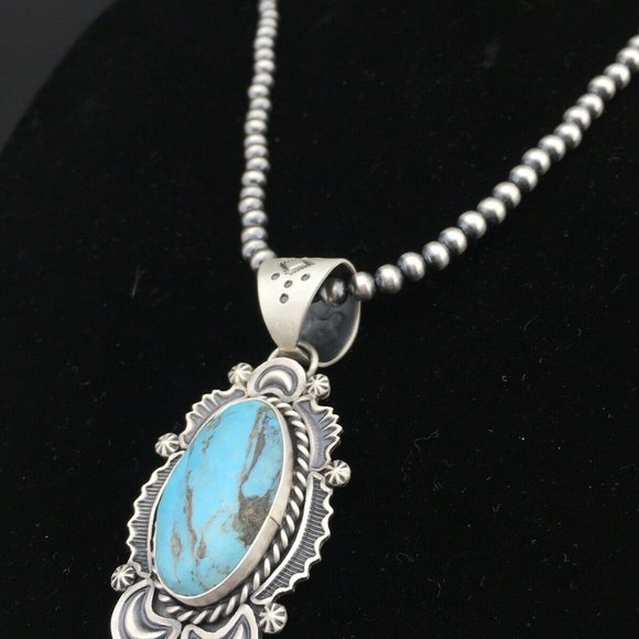 Navajo Sterling Silver Blue Necklace Pendant Ln 20 - Picture 6 of 12